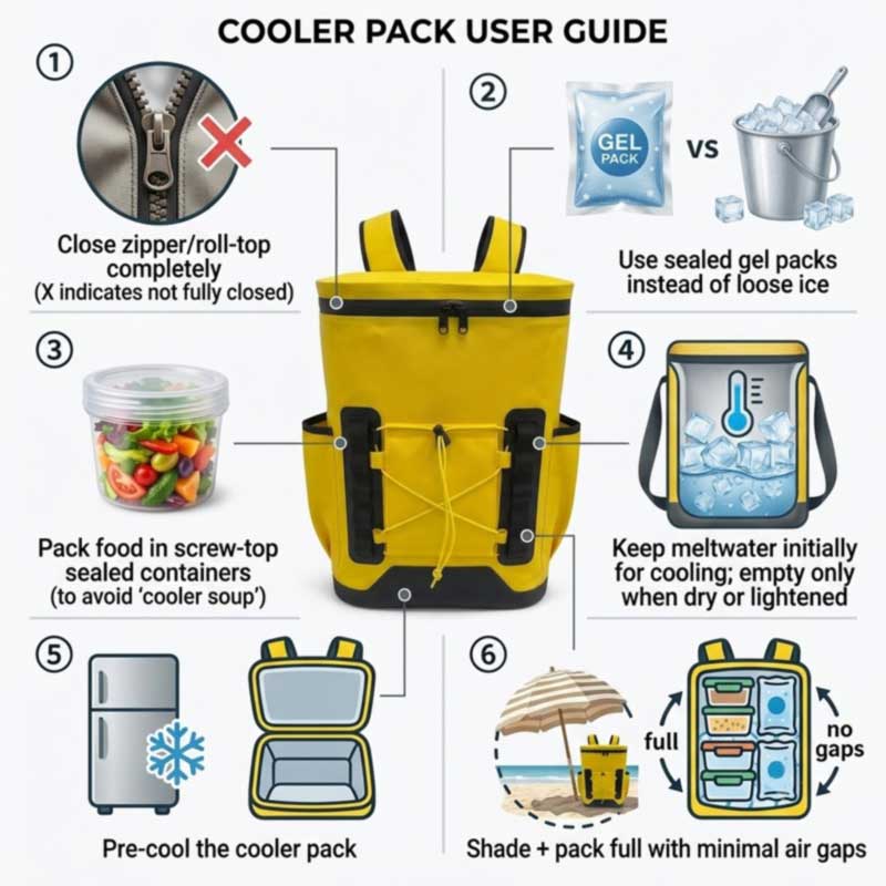 six habits to stop cooler backpack meltwater leaks: full closure, ice packs, sealed containers, keep meltwater, pre-chill, shade