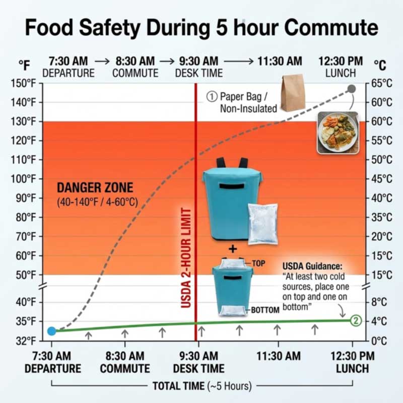 commute temperature timeline showing packed lunch staying below 40F in an insulated backpack versus rising into the danger zone in a paper bag