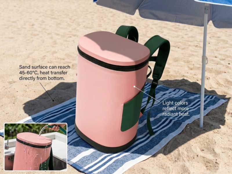 beach cooler backpack kept on a towel in umbrella shade with reinforced base upright on sand beach cooler backpack kept on a towel in umbrella shade with reinforced base upright on sand
