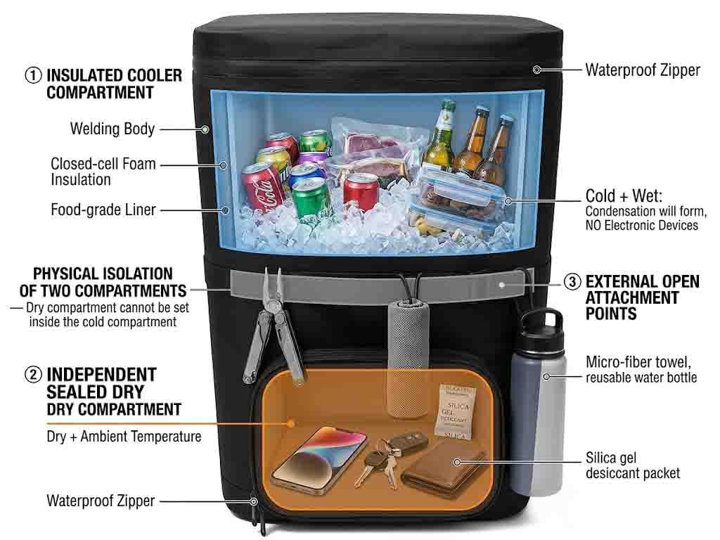 dual-compartment boating cooler backpack with insulated cold chamber separated from a sealed dry pocket