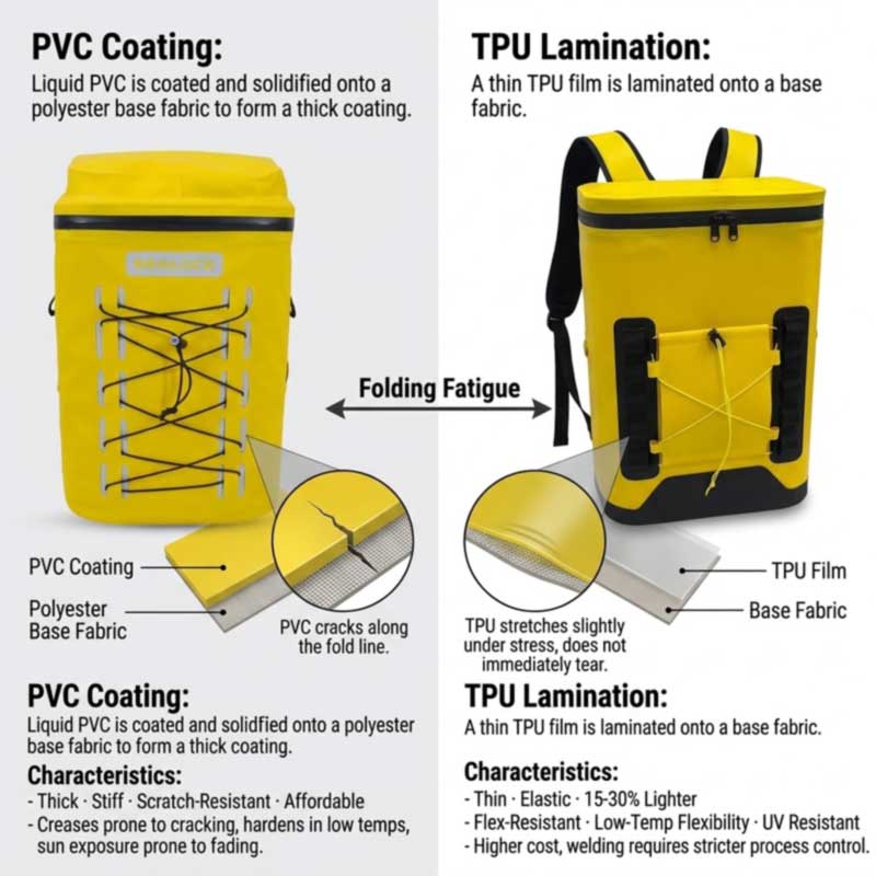 cross-section comparison of PVC coated fabric and TPU laminated fabric for cooler backpack shells